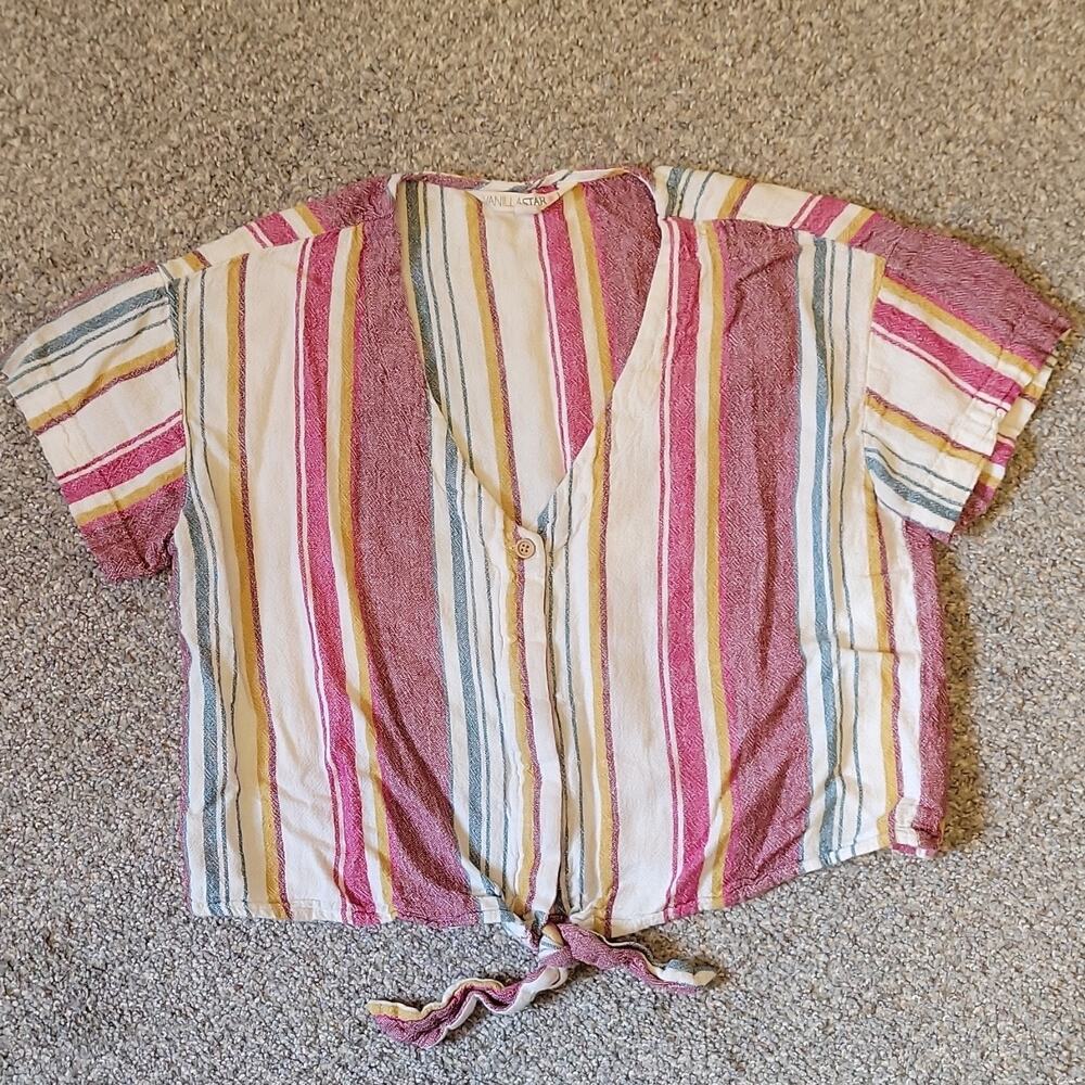 Vanilla Star Women's L Multicolor Striped Cropped Tie Front Blouse